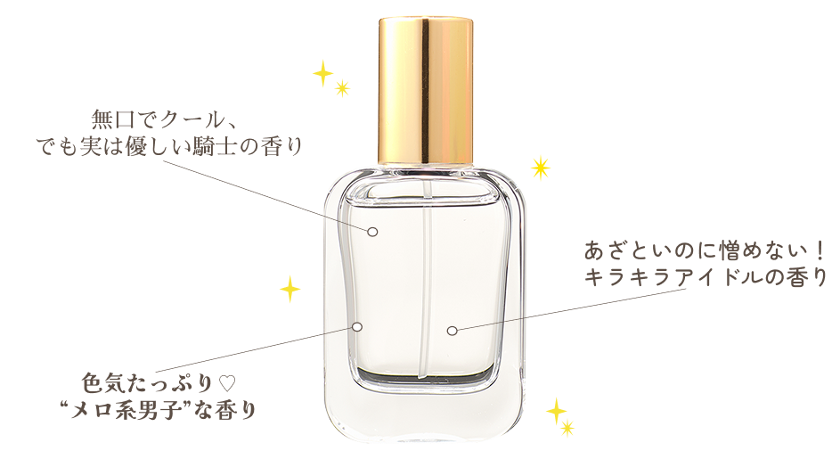 無口でクールでも実は優しい騎士の香り／色気たっぷりメロ系男子な香り／あざといのに憎めないキラキラアイドルの香り
