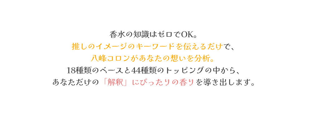 香水の知識はゼロでOK。推しのイメージのキーワードを伝えるだけで、八峰コロンがあなたの想いを分析。18種類のベースと44種類のトッピングの中から、あなただけの「解釈」にぴったりの香りを導き出します。